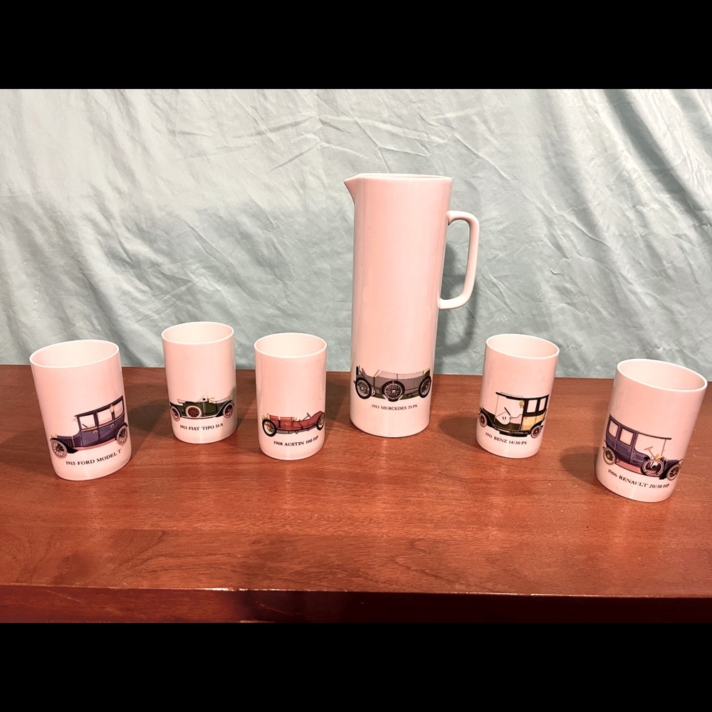 Vintage Thomas Germany
porcelain 1.5 L pitcher and 12
oz. cups with antique